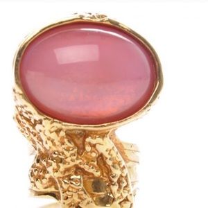 Authentic YSL Women's Pink Glass Oval Gold Ring